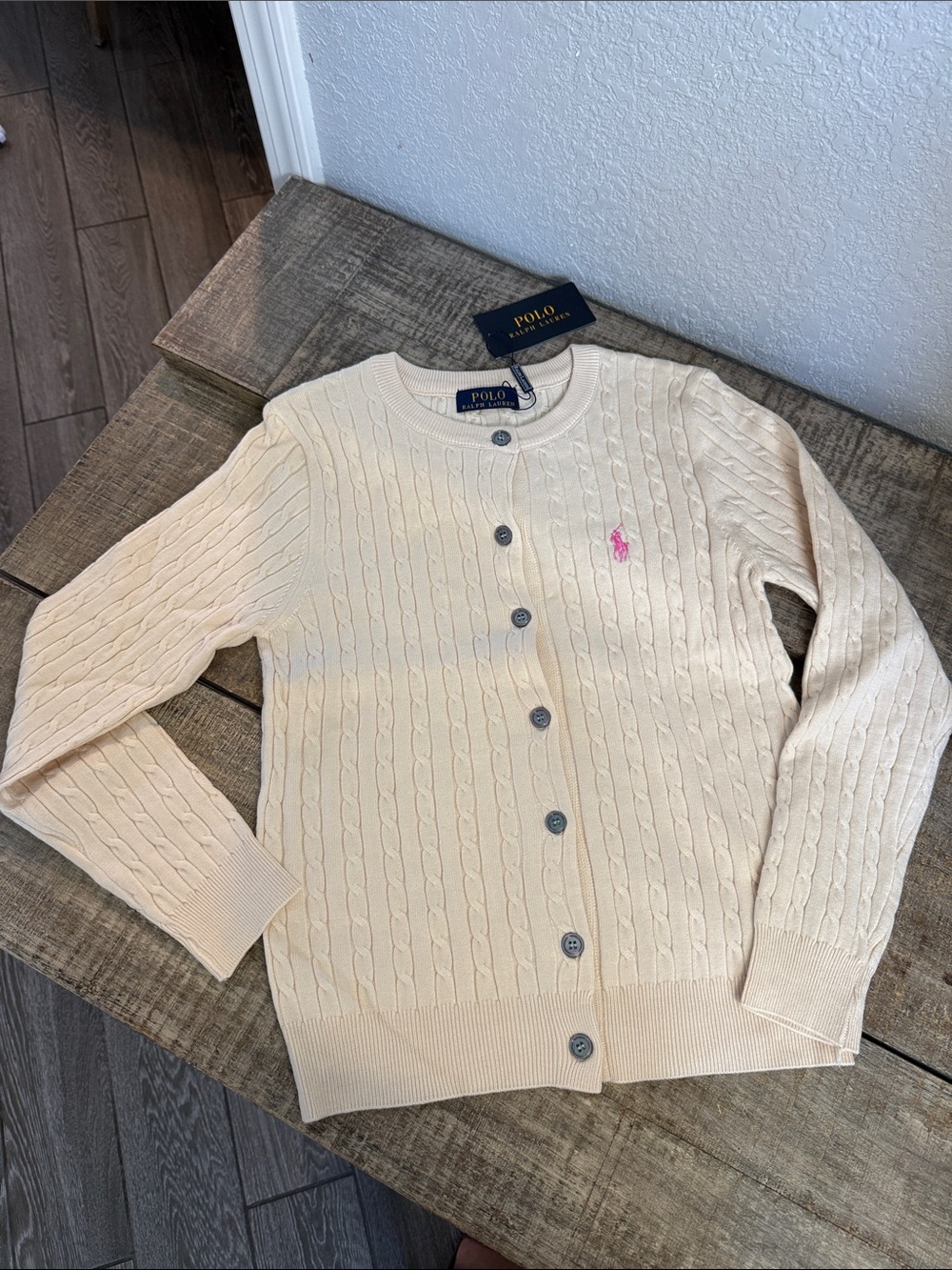 Polo by Ralph Lauren Cream Cable-Knit Button Cardigan with Pink Pony Logo